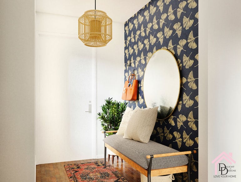 a room with a bench and a mirror.