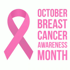 a pink ribbon with the words october breast cancer awareness month.