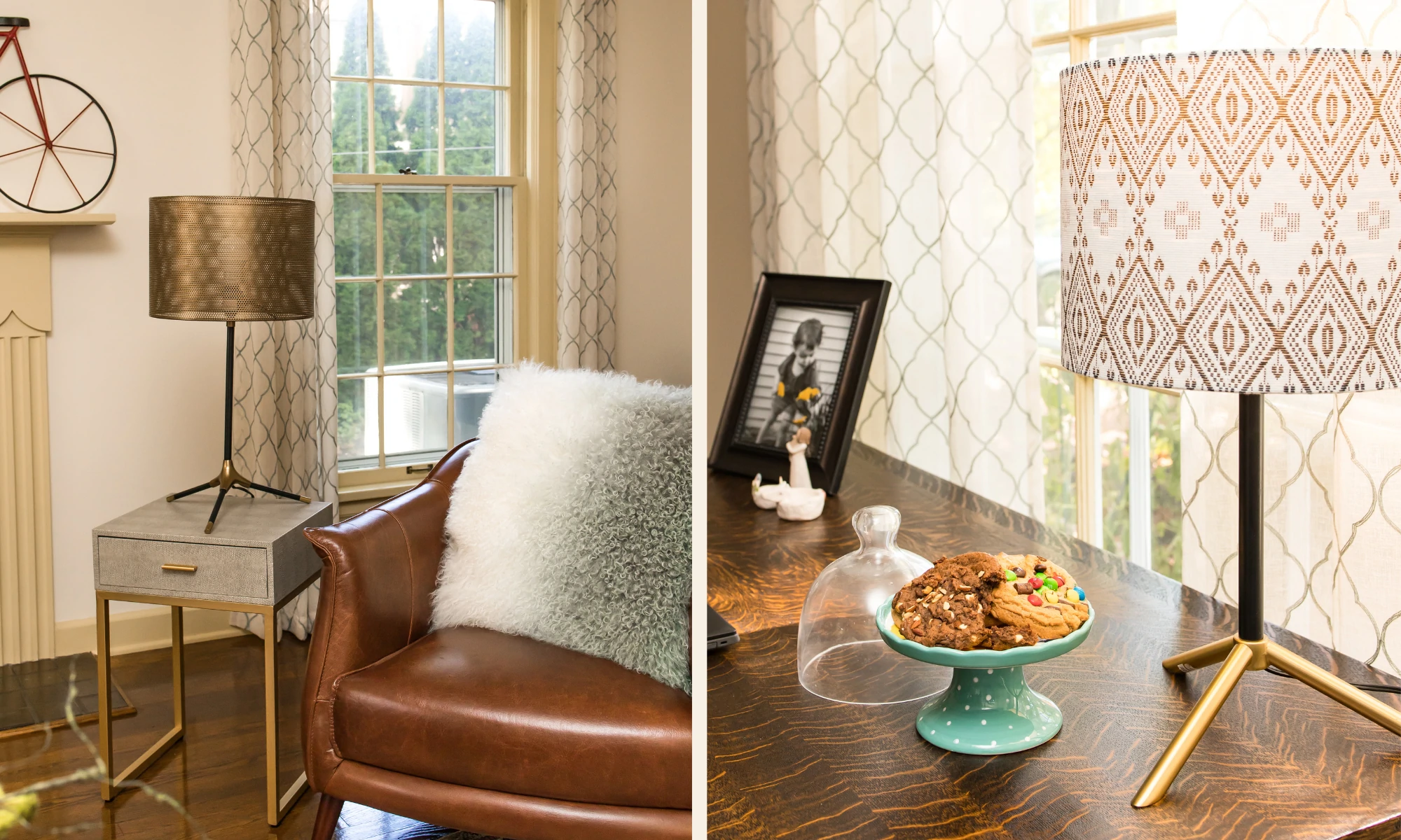 a living room with a chair, table and lamp.
