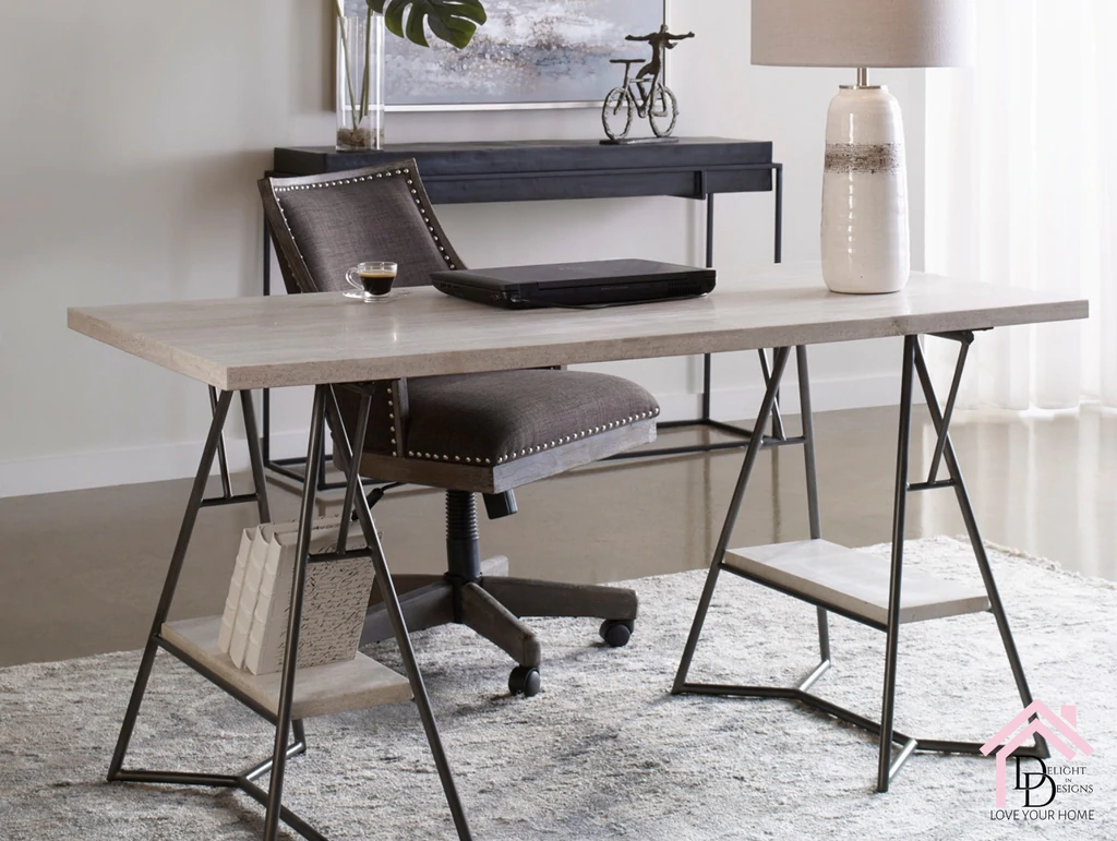 a desk with a chair and a lamp in a room.