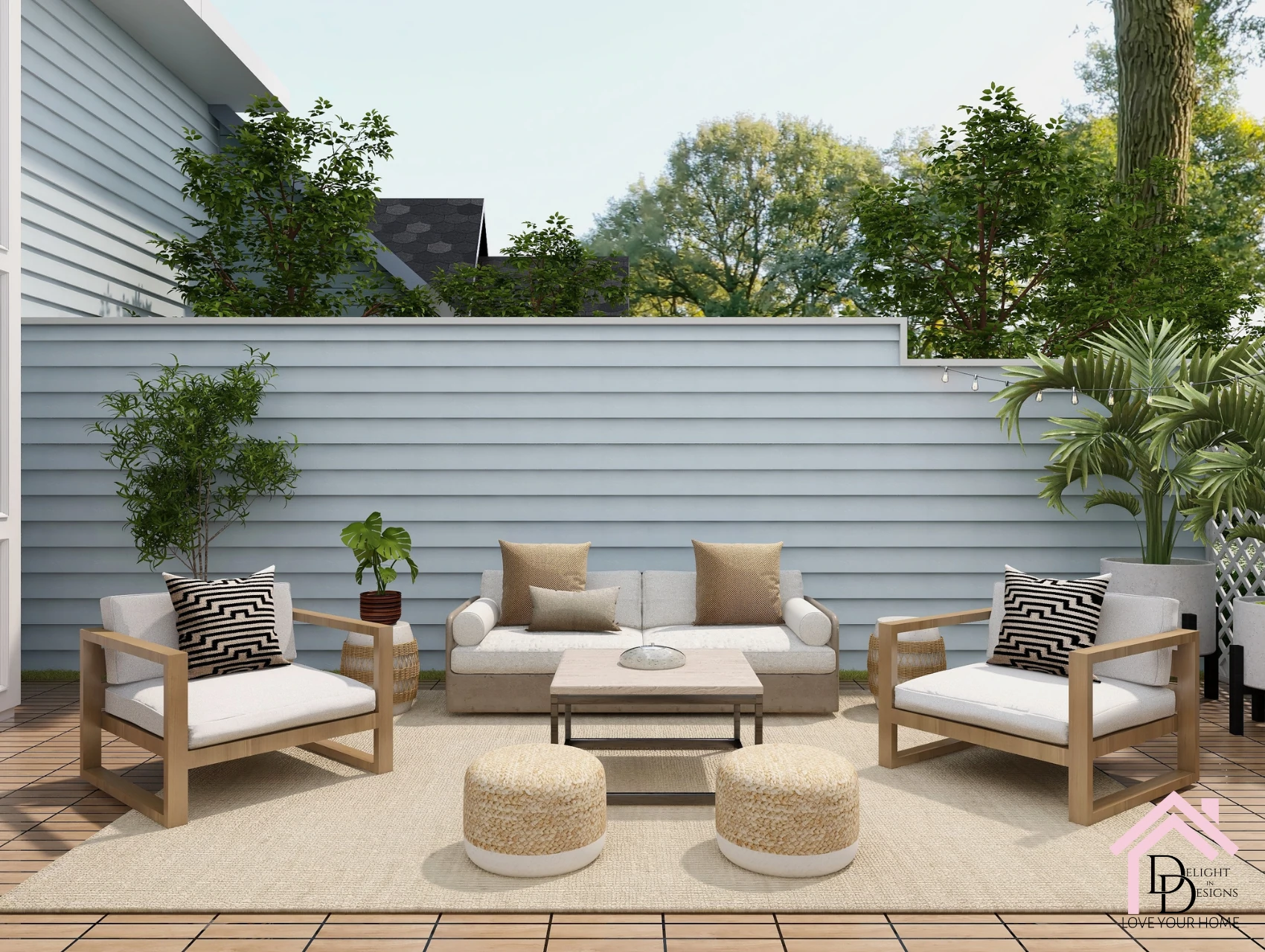a patio with a couch, chairs and a coffee table.
