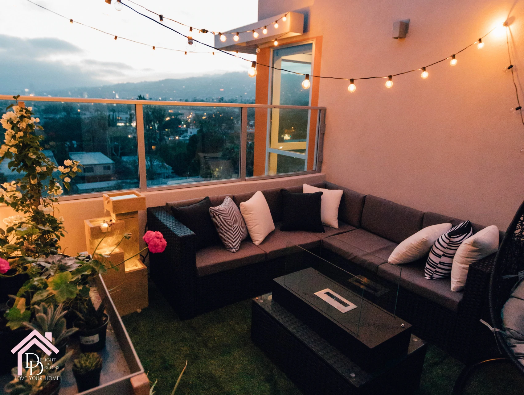 a living room with a couch and a table.