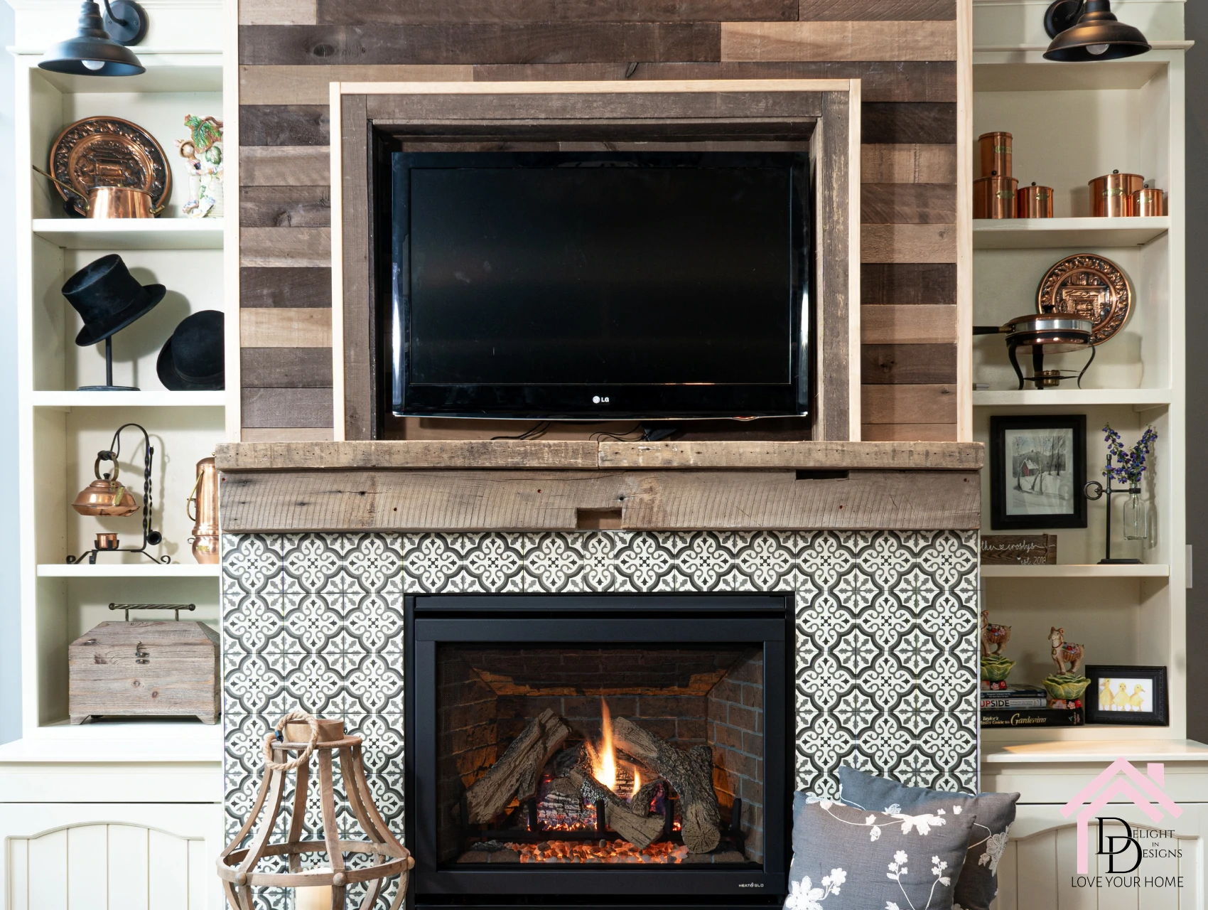 a fireplace with a television mounted above it.
