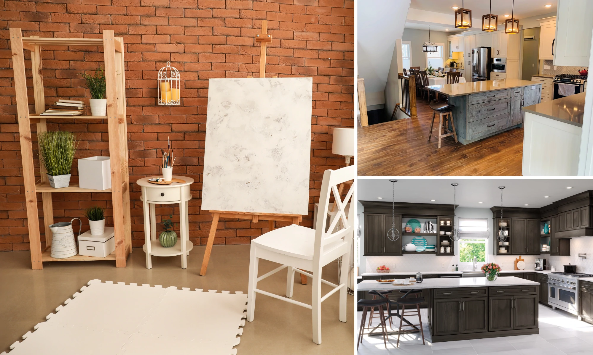 a kitchen and living room with a brick wall.