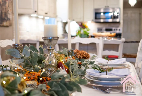 a dining room table is set for a meal.