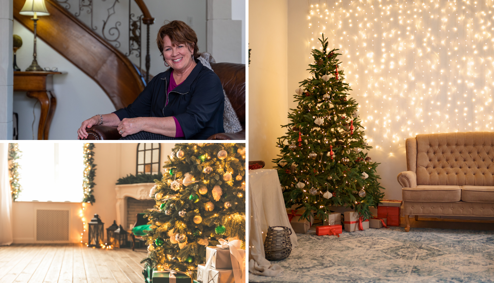 a woman sitting on a couch next to a christmas tree.