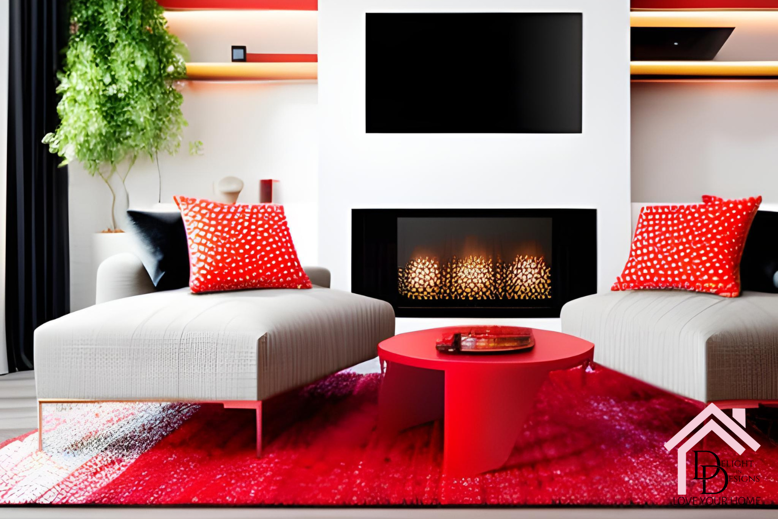 Living room with red accents. Fire place. interior design
