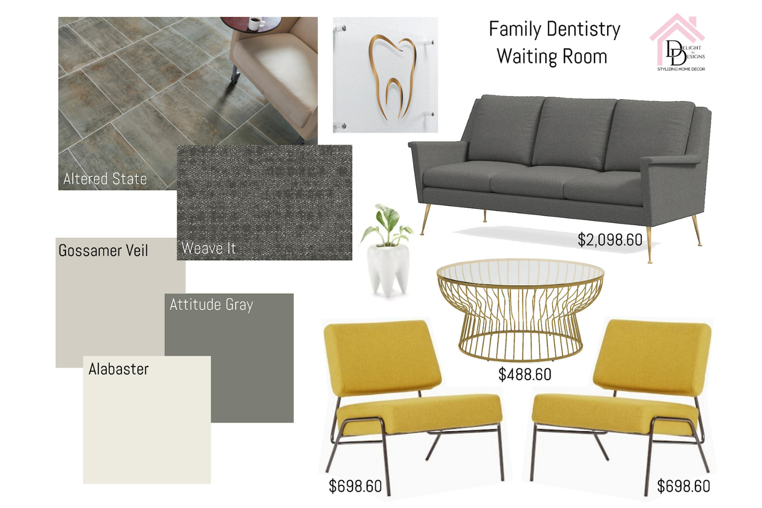 Mod board for dentist office. Grey couch, yellow chairs, with accent colors. interior design